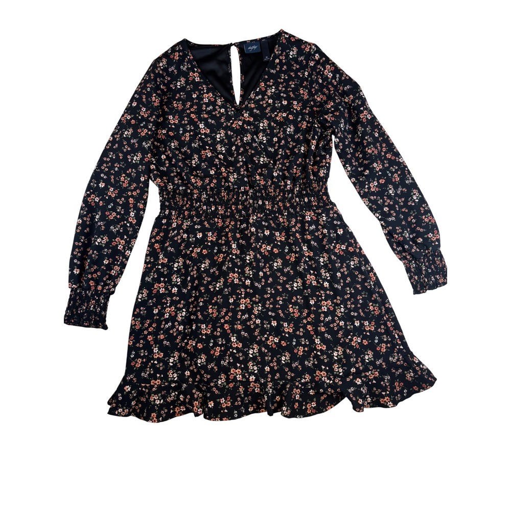 Daytrip Mini Dress Women's Floral Print Long Sleeve‎  Smocked Waist Black Medium
